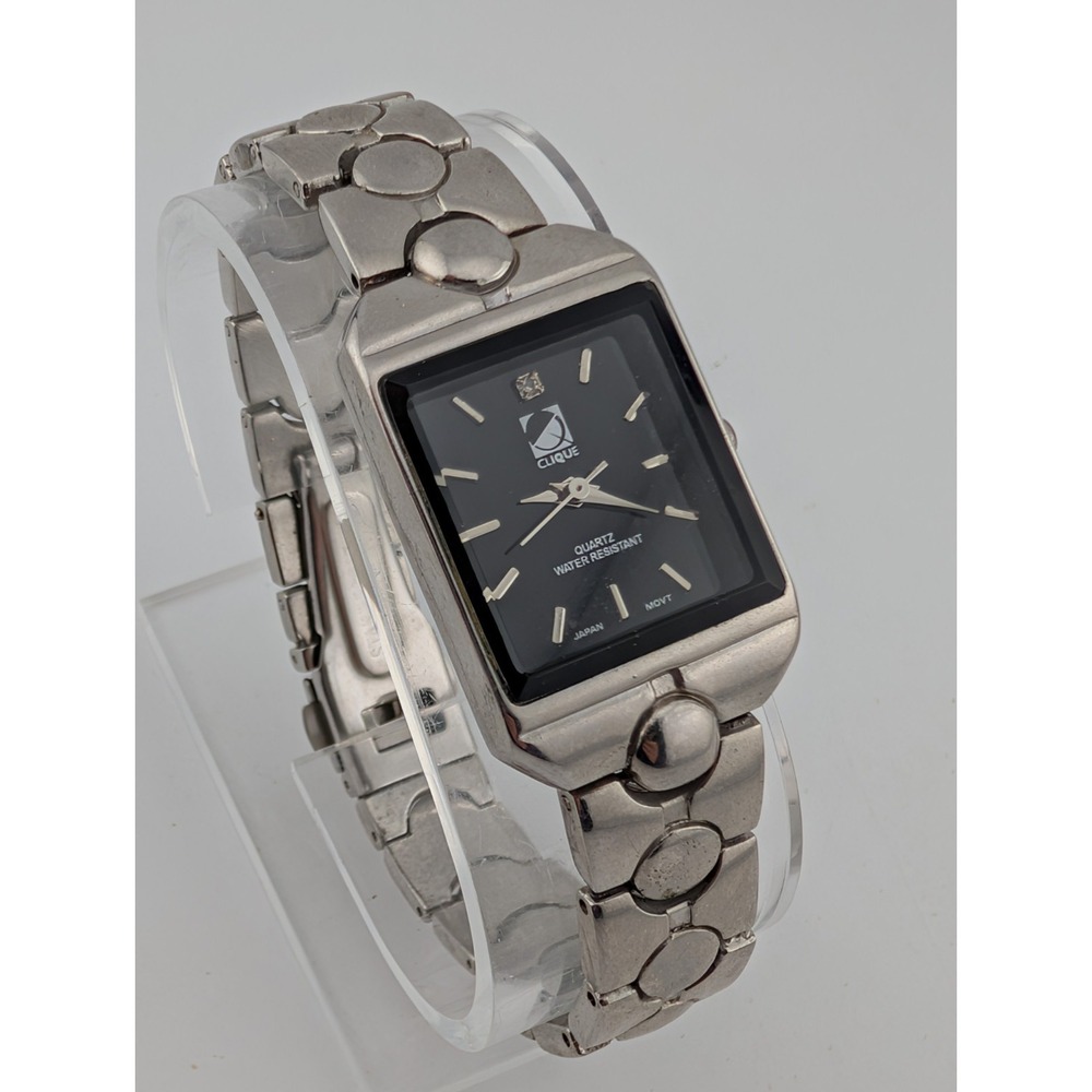 Clique Watch Women 21mm Case Black Dial Silver 7.5" Band- New Battery